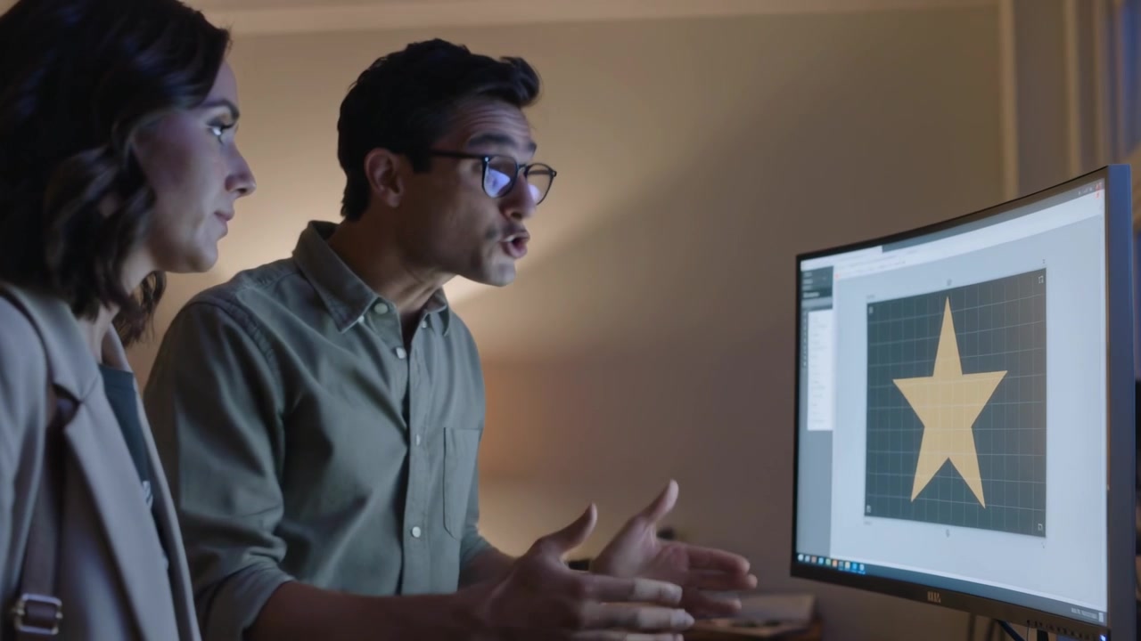 Woman pointing and man gesturing in home office, refining yellow star on monitor, blazer visible