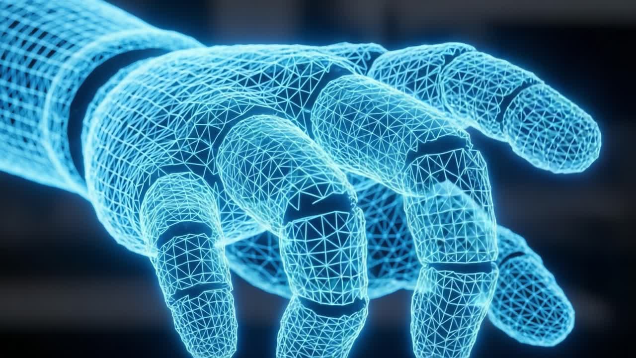 A Futuristic Robotic Hand in Wireframe Style Reaches Out, Symbolizing Advanced Technology and Human-Machine Interaction in a Digital Landscape