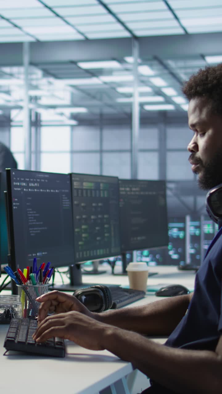 Vertical video Woman assisting data center programmer in solving tasks