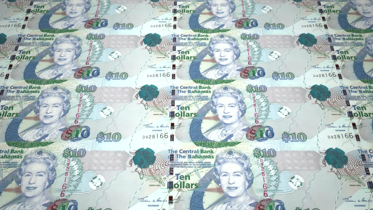 10 바하마 달러의 지폐가 화면에 굴러, 현금, 루프