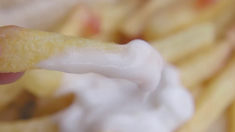 close-up of a french fry dipped in white sauce