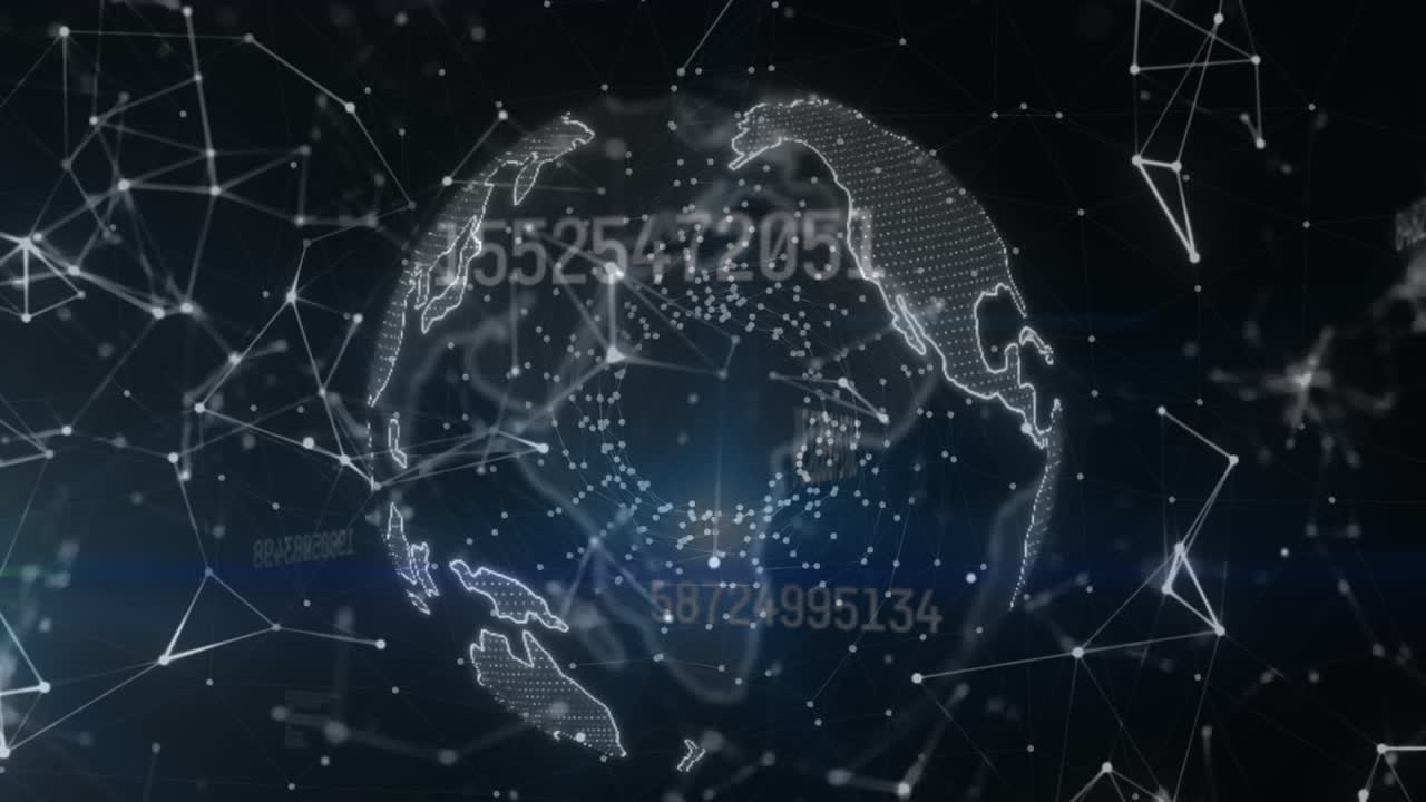 Animation of numbers, network of connections over globe