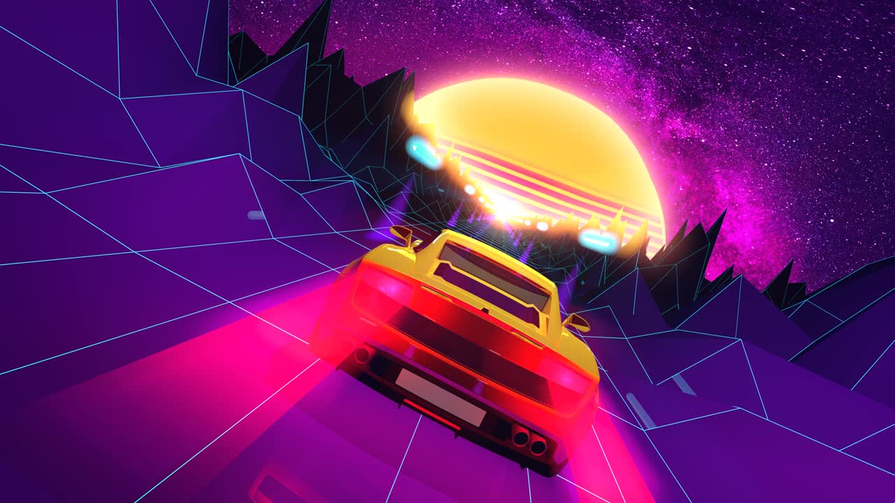 80년대의 럭셔리 스포츠카, 레트로-푸투리스틱 컬러 스키마, 전자, 비디오 게임 및 바파르웨이브 음악 컨셉의 배경