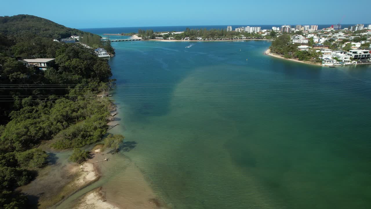Tallebudgera Creek With Surrounding Suburbs In Palm Beach, Queensland, Australia - Aerial Drone Shot