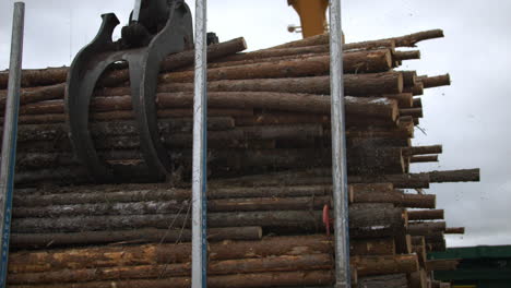 Slow-motion-shot-of-Mechanical-gripper-unloading-logs,-Forestry-And-Lumber-Industry