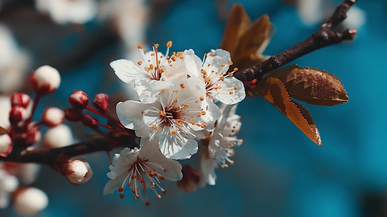 A Close-Up Capture of Blossoming Cherry Tree Flowers Against a Vivid Blue Background, Showcasing Nature's Beauty in Springtime