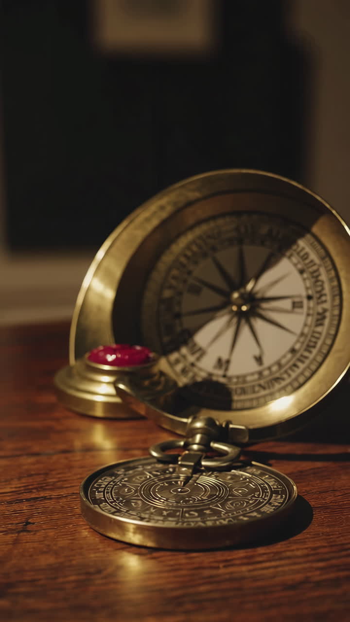 Antique Brass Compass and Pocket Watch on Wooden Table