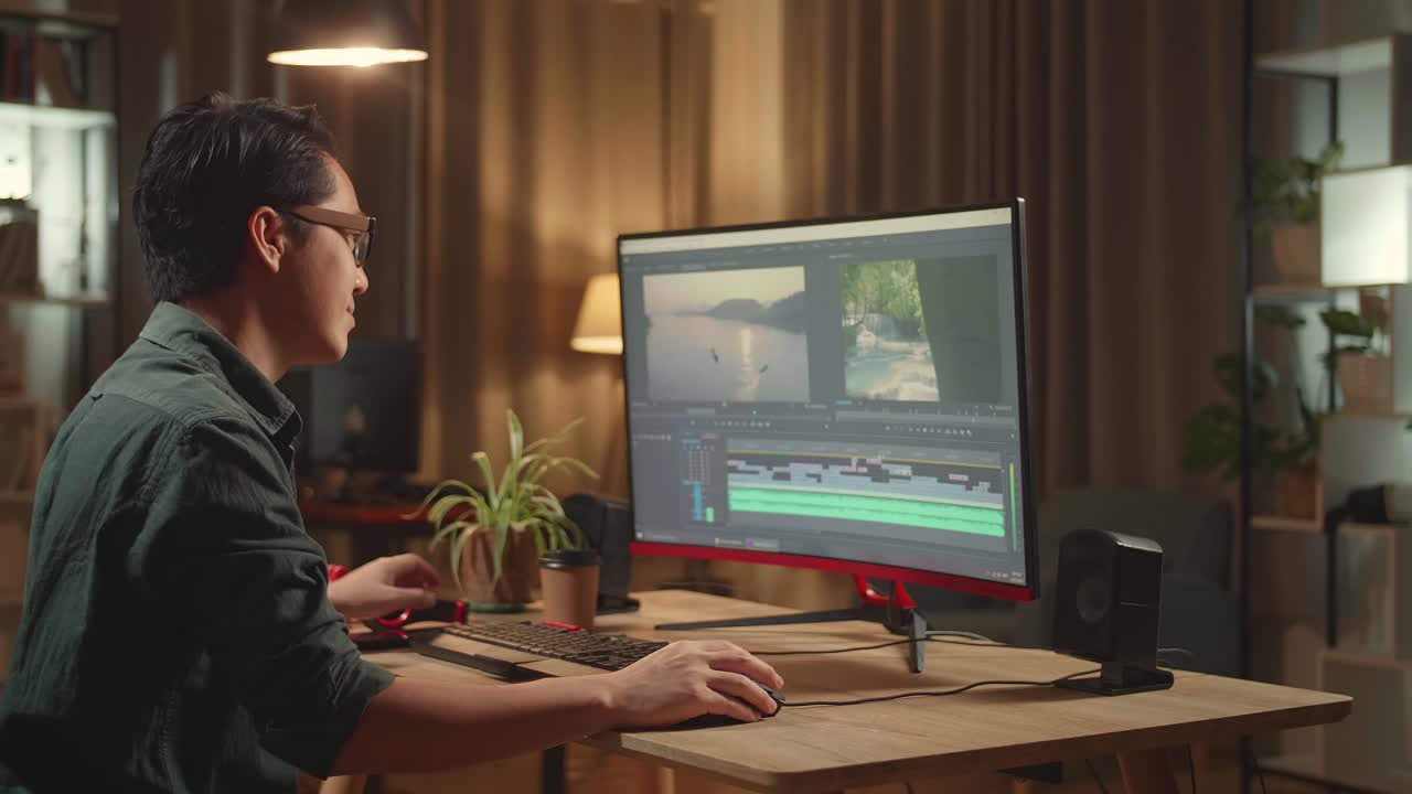 Asian Male Video Editor Works And Using Mobile Phone With His Personal Computer, He Works Late At Night