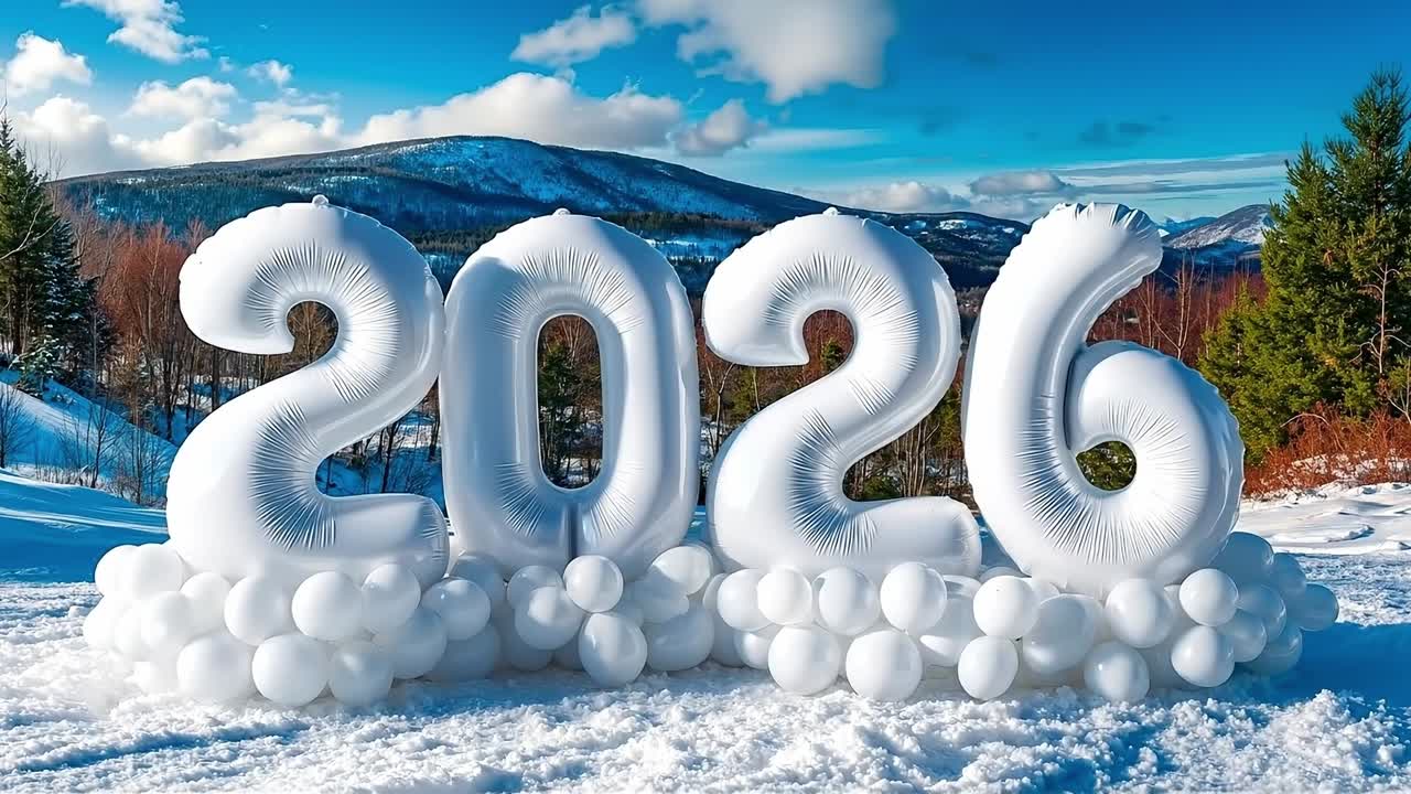 White Balloon 2026 Numbers in Snowy Mountain Scenery