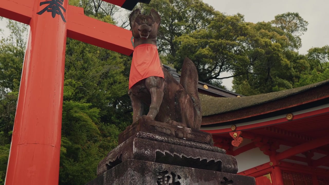 Una statua di volpe in pietra si erge accanto a un vivido cancello torii rosso in un tradizionale santuario shintoista giapponese