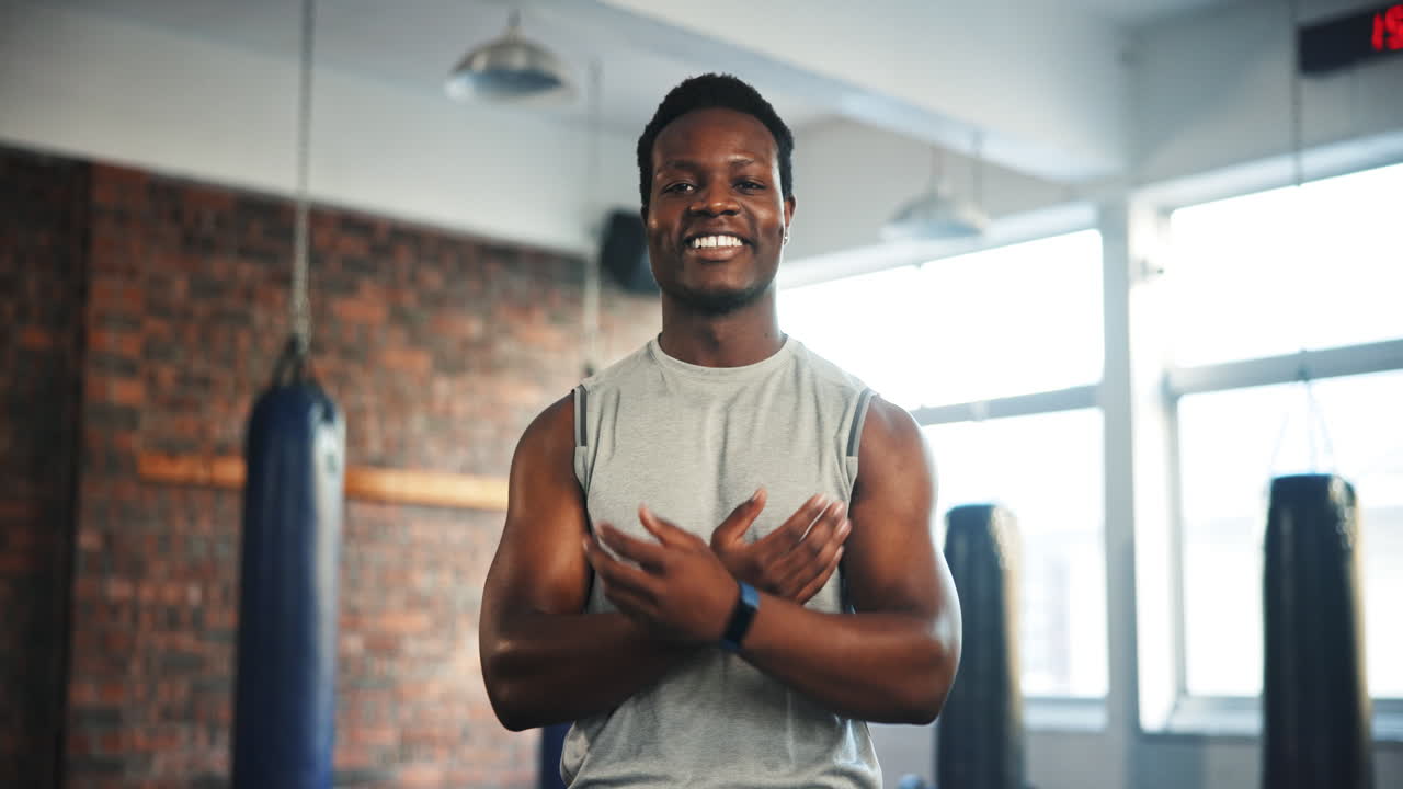 Gym, arms crossed or black man happy for exercise