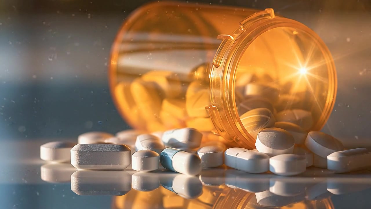 Pills Spilled from an Orange Prescription Bottle on a Reflective Surface