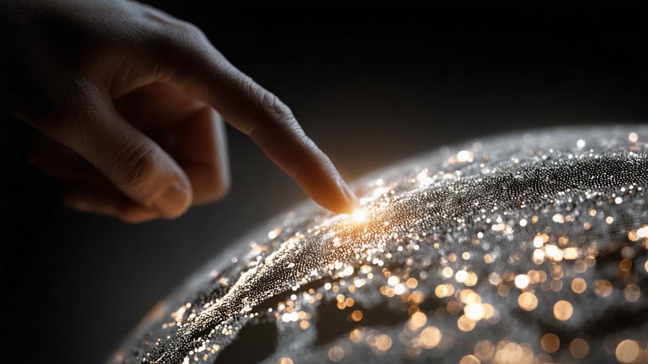 A Hand Gently Touches a Glimmering Surface, Illuminating a World of Sparkling Particles and Dynamic Energy in a Captivating Visual Display of Connection and Discovery