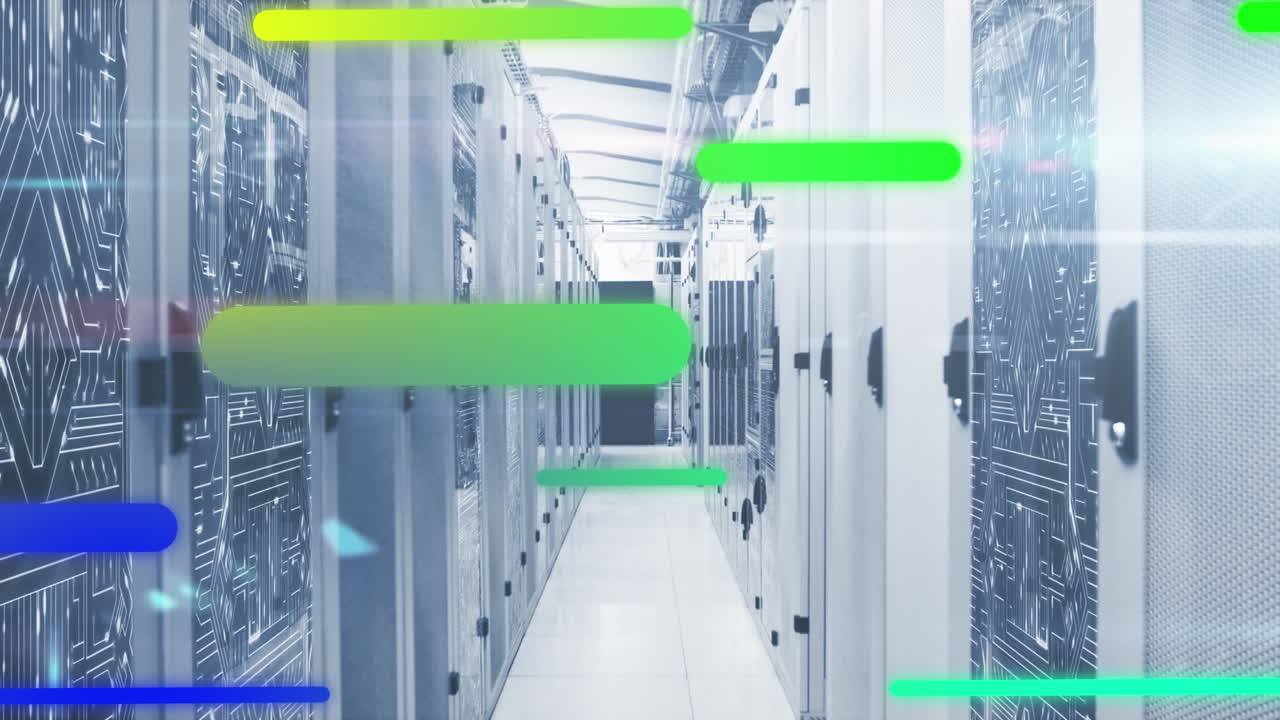 Animation of colorful gradient light trails and microprocessor connections against server room