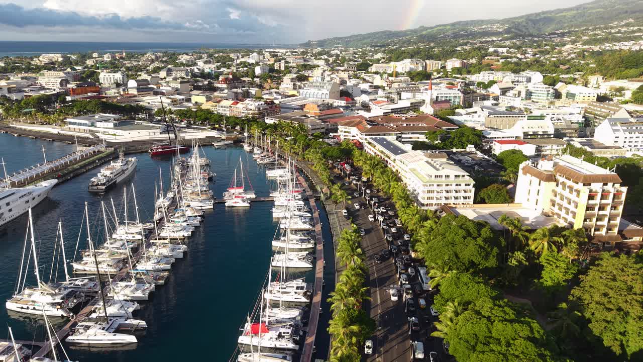Drone Shot of Papeete, Tahiti Island, French Polynesia, City Street Traffic, Buildings and Harbor Marina
