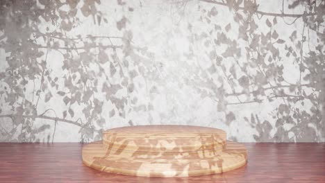 pedestal de madera con follaje sombreado telón de fondo blanco
