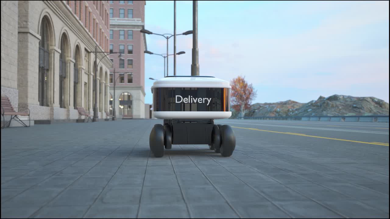 自動配達ロボット - ロボットが街を走り回り顧客に商品や食料を配達するモダンなスマートワイヤレスロボット新しい技術iot - オンラインショップの配達ロジスティクスのビジネス業界