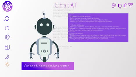 animation of interface with robot icon and data processing on white background