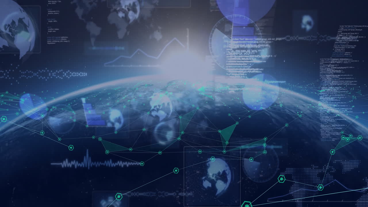 글로벌 네트워크 연결 및 데이터 처리 - 우주에서 지구 위의 애니메이션