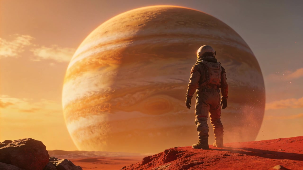 Kameraet panorerer, mandlig astronaut i trykdragt overvåger en gasgigant fra et rødt klippefremspring, med plads til tekst.