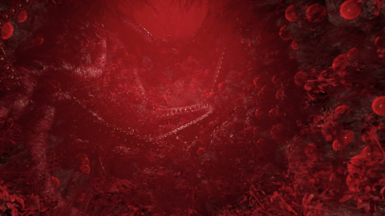 un bosque oscuro y brillante con plantas rojas