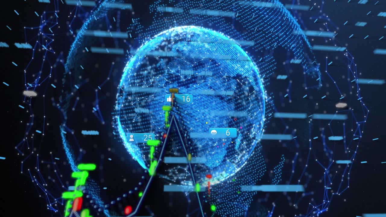 animación del globo, conexiones y gráficos en fondo naval