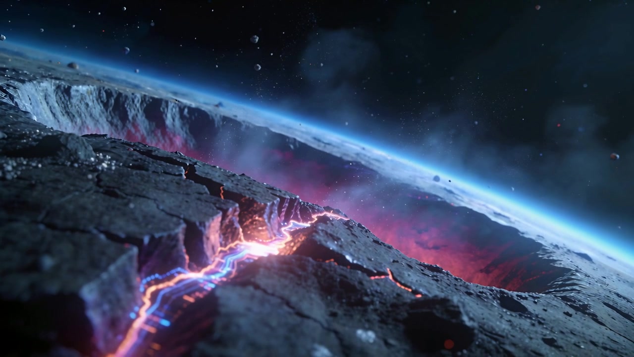 Camera pulling back showing lit fissure pulsing across cracked crust on limb, venting heat
