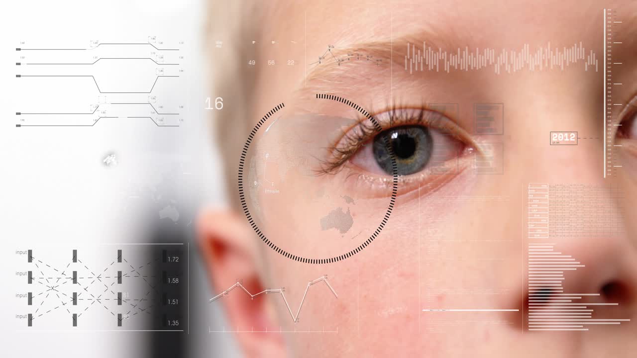 Boy holding steady gaze, system starting reticle expanding, sweeping over lashes for ID scan