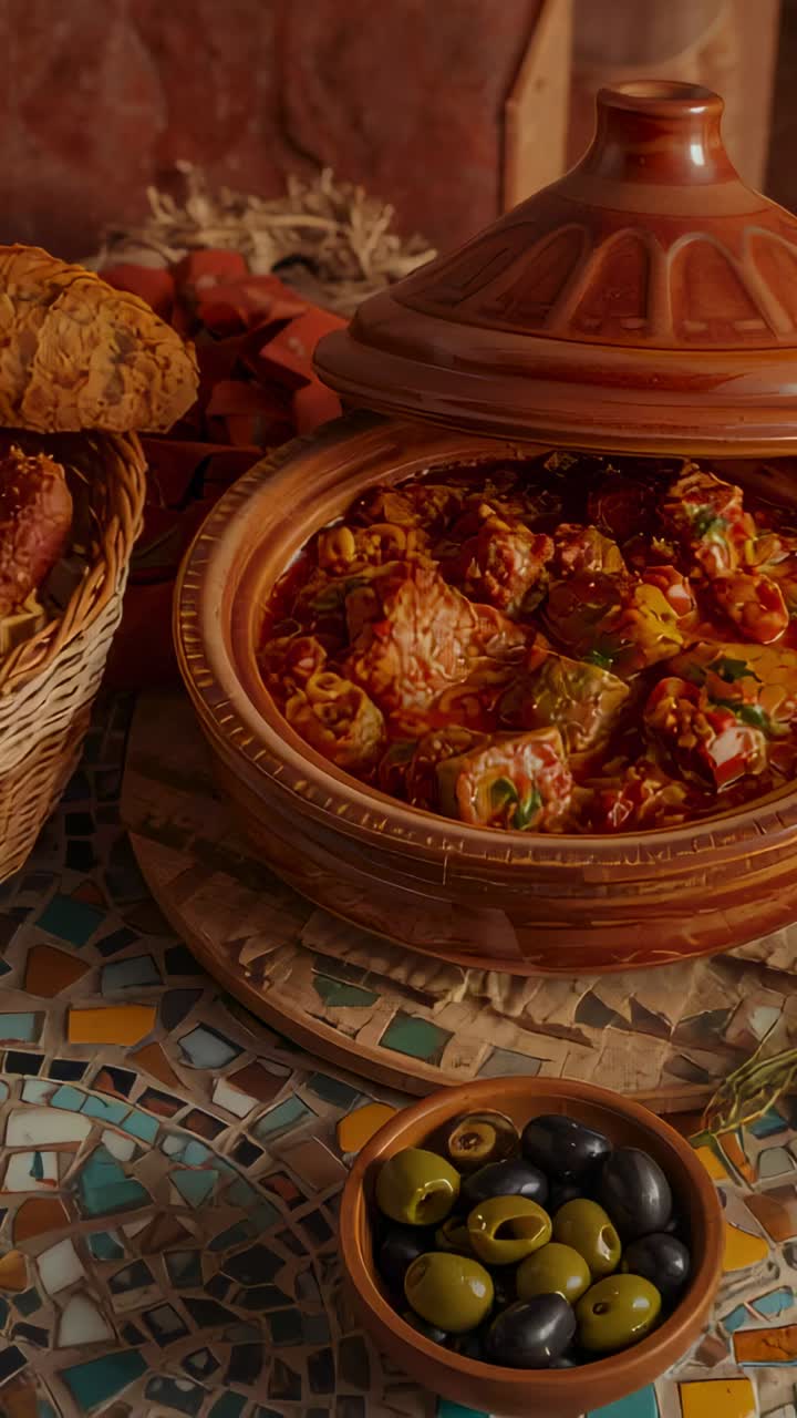 Vertical video: Shifting camera revealing glazed tagine on mosaic table to show stew olives bread