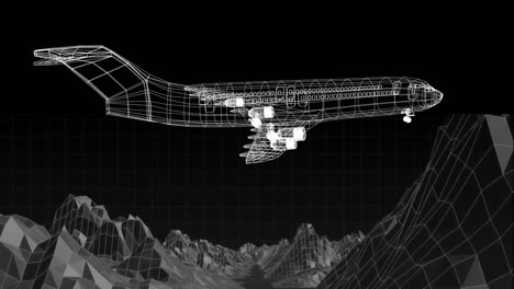 animation einer 3d-technischen zeichnung eines flugzeugmodells und 3d-berge