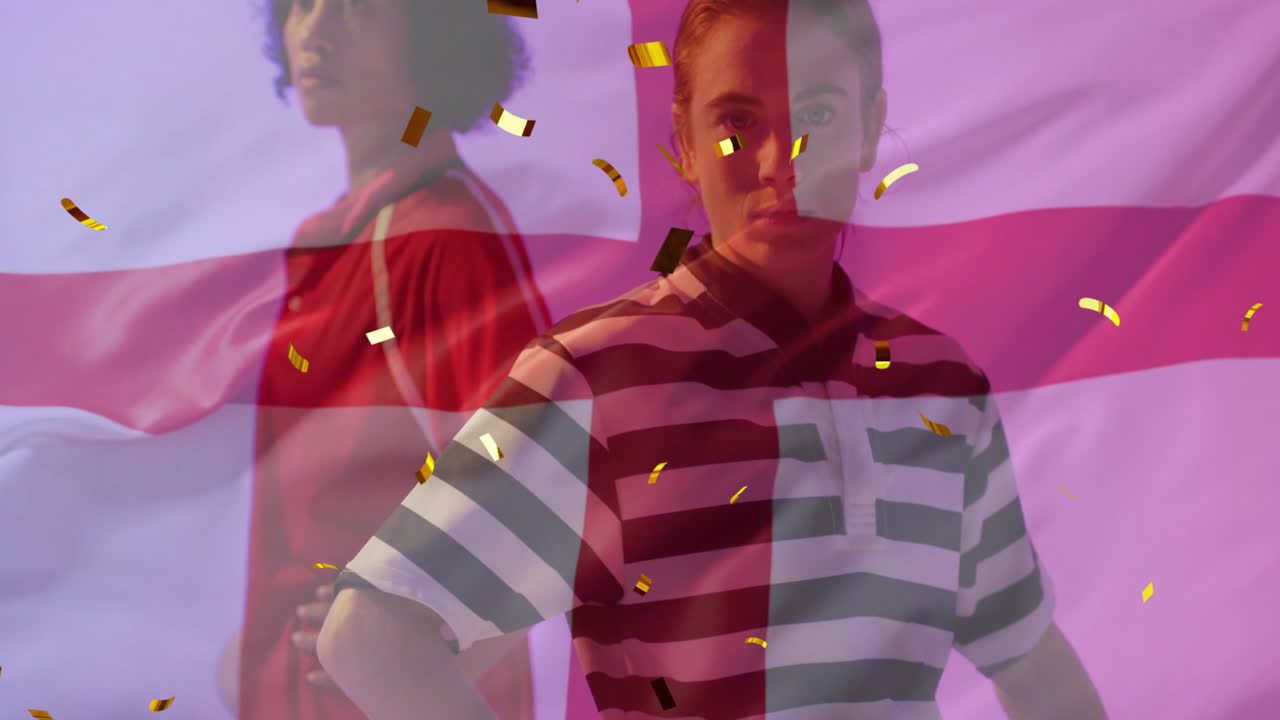 animación de confeti y bandera de inglaterra sobre diversas jugadoras de rugby