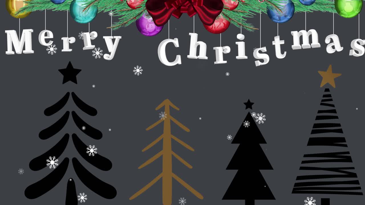 검은 바탕에 눈이 내리고 나무 위에 메리 크리스마스 텍스트와 함께 소나무의 애니메이션