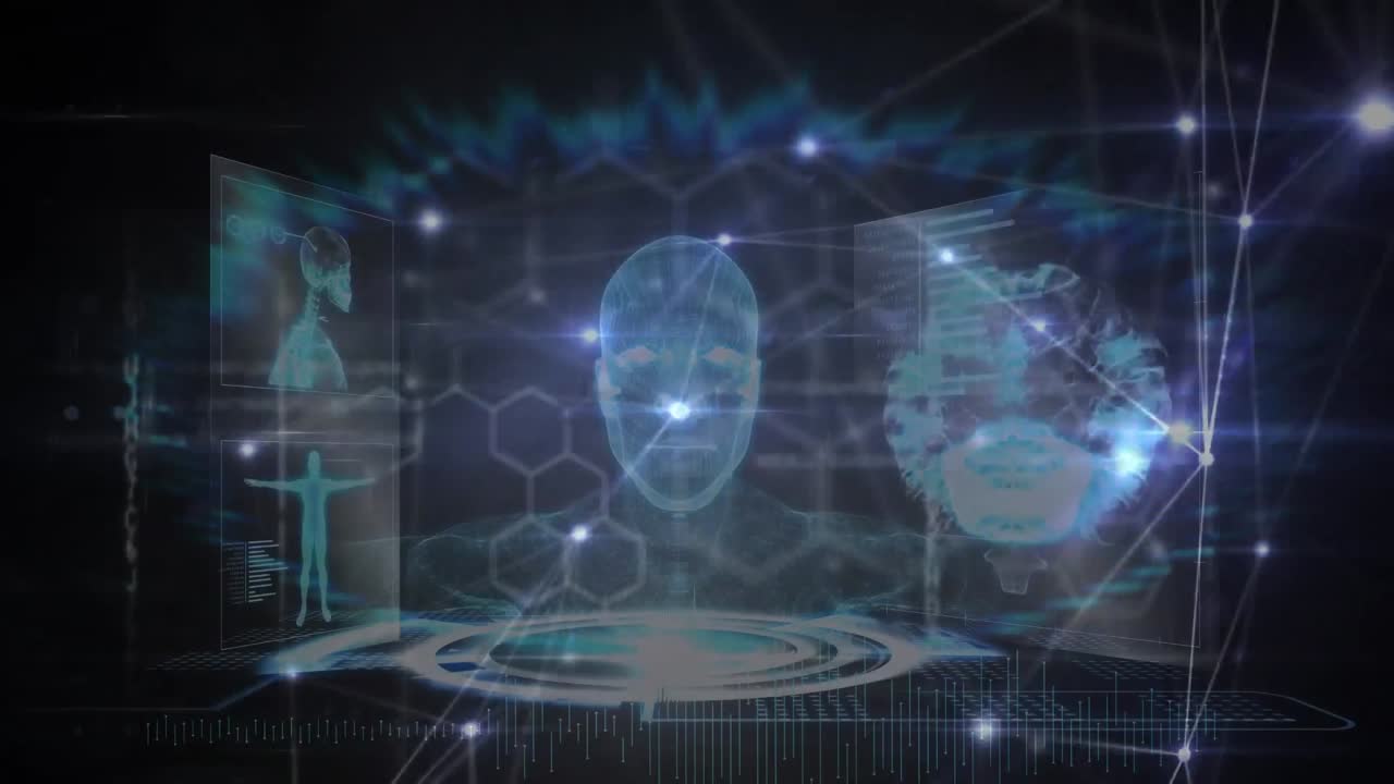 검은 바탕 위의 연결 네트워크와 의료 데이터 처리의 애니메이션