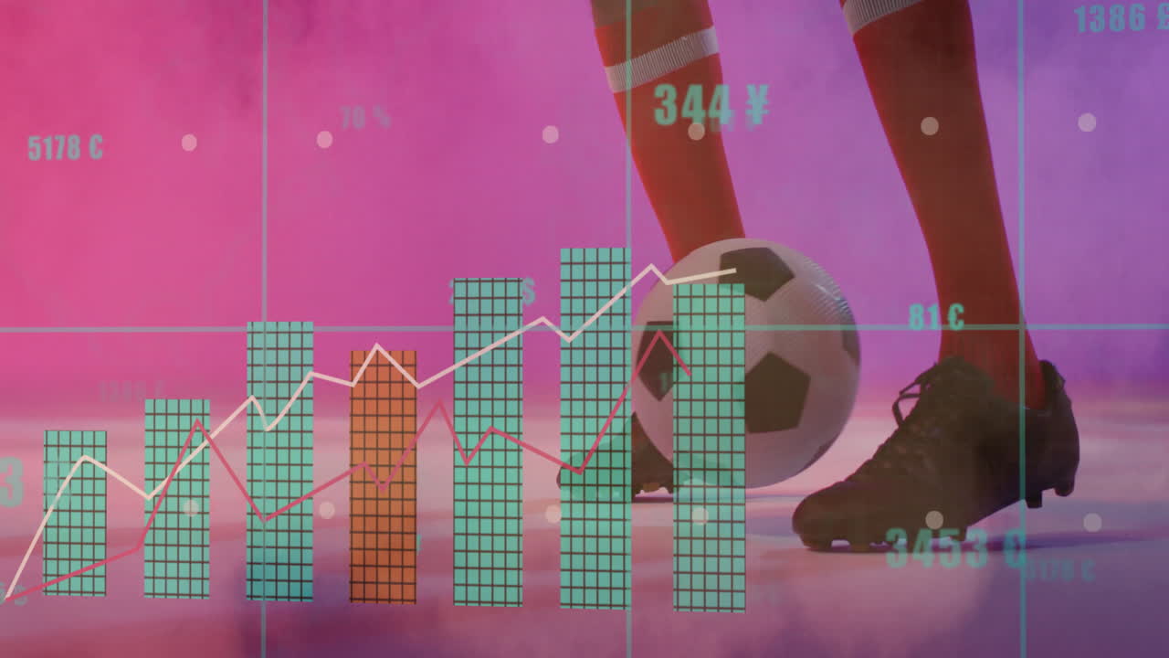 Analyzing financial data charts and currency symbols, soccer player on field