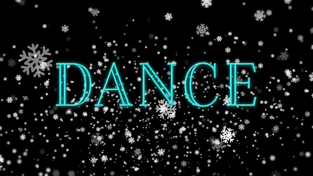 On animation start glowing teal word DANCE emitting snowflake particles, drifting to create depth