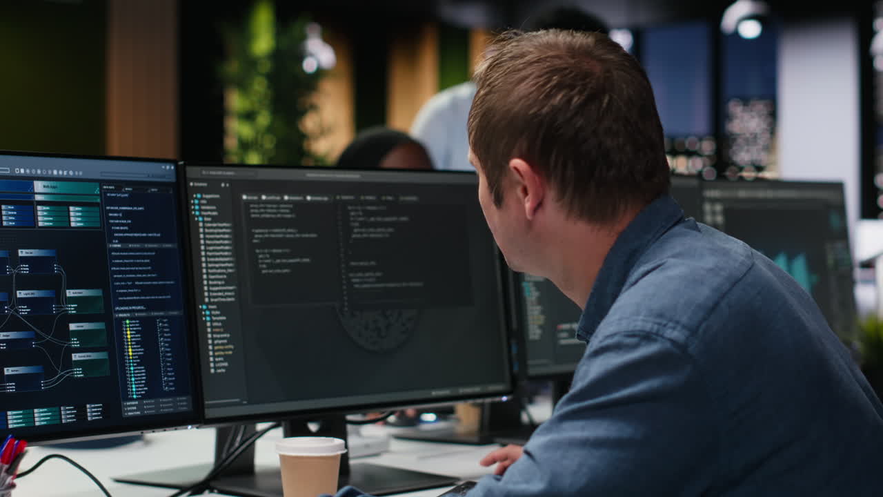 Focused Programmer Working on Multiple Computer Screens in Office