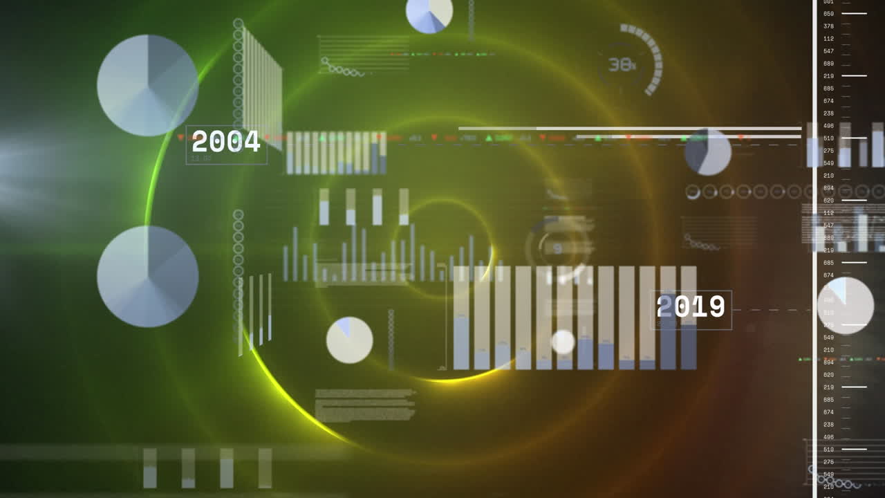 animación del procesamiento de datos estadísticos frente a círculos concéntricos brillantes en verde