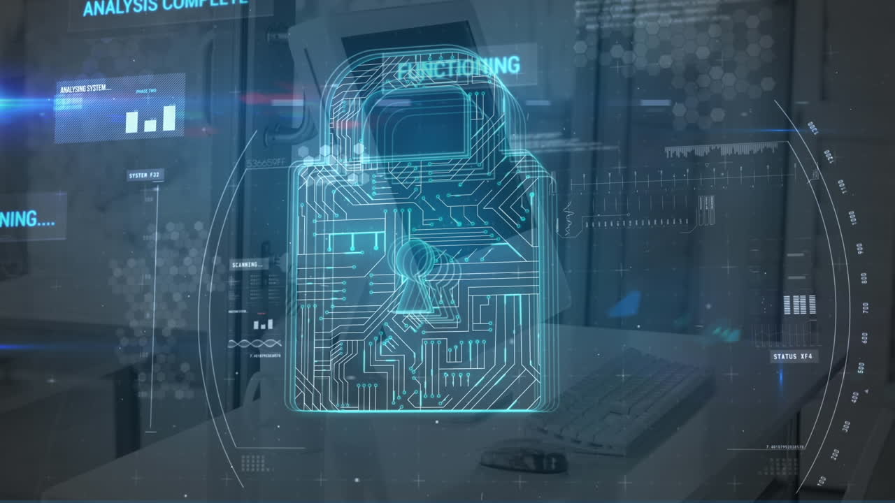 Animation of digital padlock with integrated circuit over computers in office