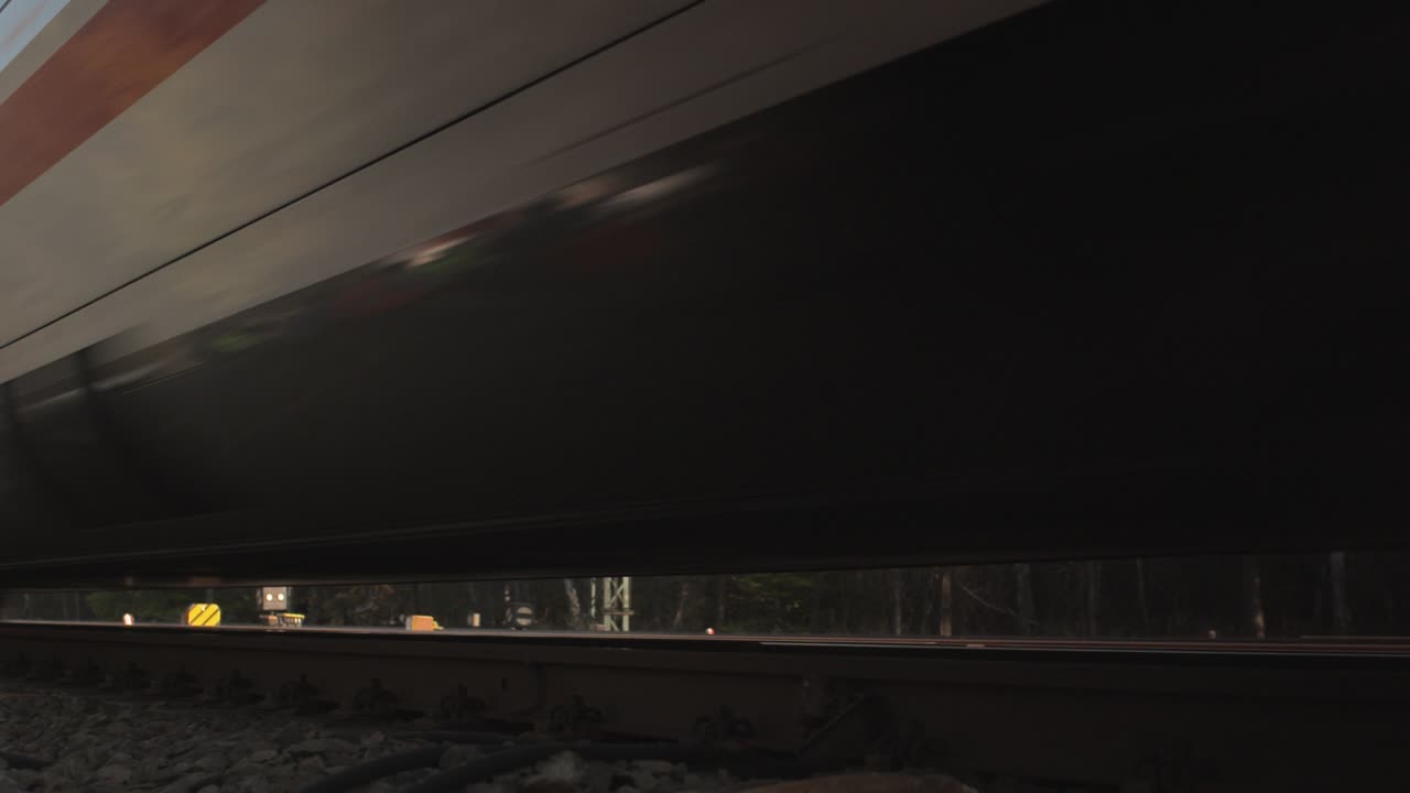 숲 속의 트랙에서 빠르게 움직이는 흐릿한 열차, 속도와 움직임의 느낌을 불러일으킨다