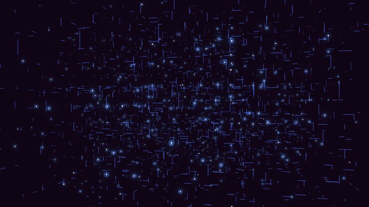 Cubo matrice futuristico con griglia blu e punti nella galassia