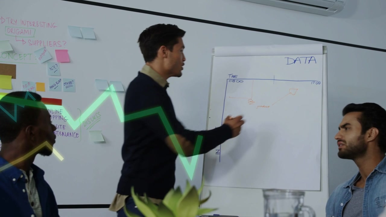 Woman raising hand, leading host writing DATA on chart with green overlay highlighting for business