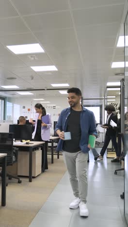 happy diverse colleagues entering creative workspace