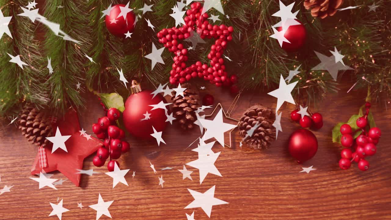 animación de estrellas de navidad cayendo sobre decoraciones de navidad en el fondo