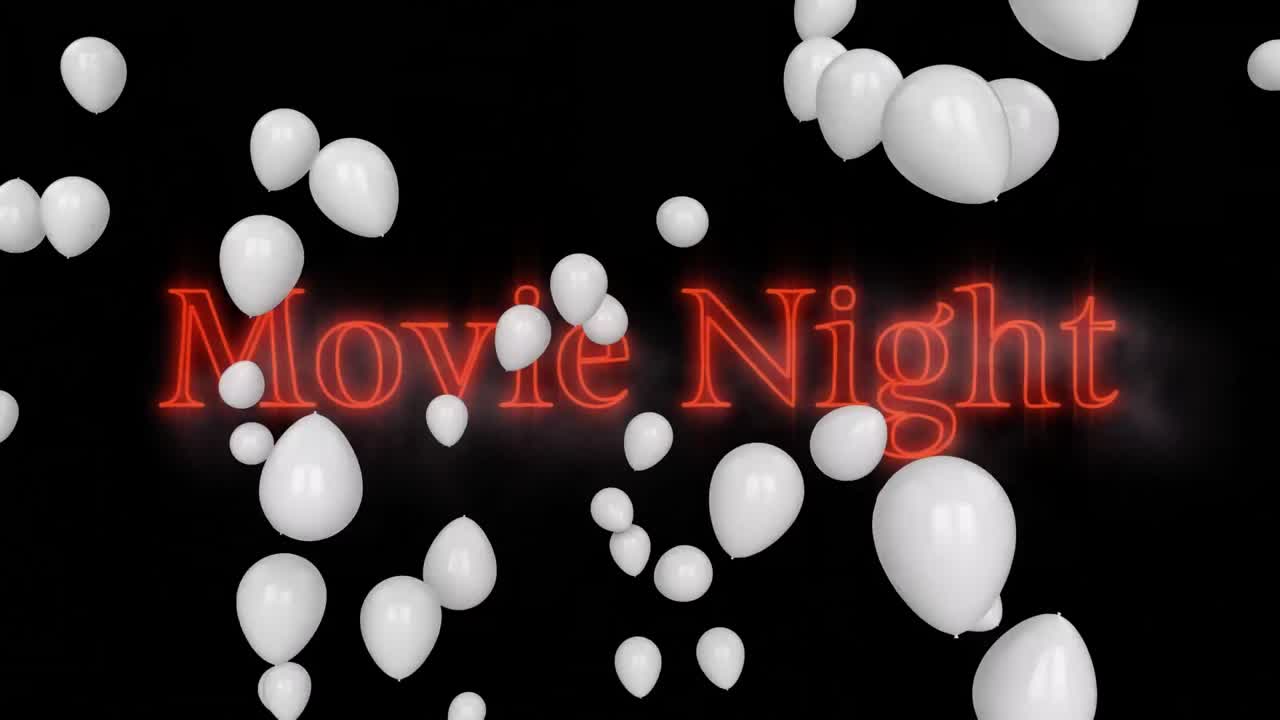 animación de una noche de películas de texto, en letras de neón rojas con globos blancos sobre fondo negro