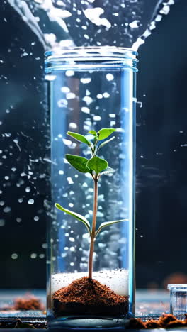 a small plant is growing in a glass container. the container is filled with water and the plant is surrounded by dirt. concept of growth and life, as the plant is thriving in its new environment