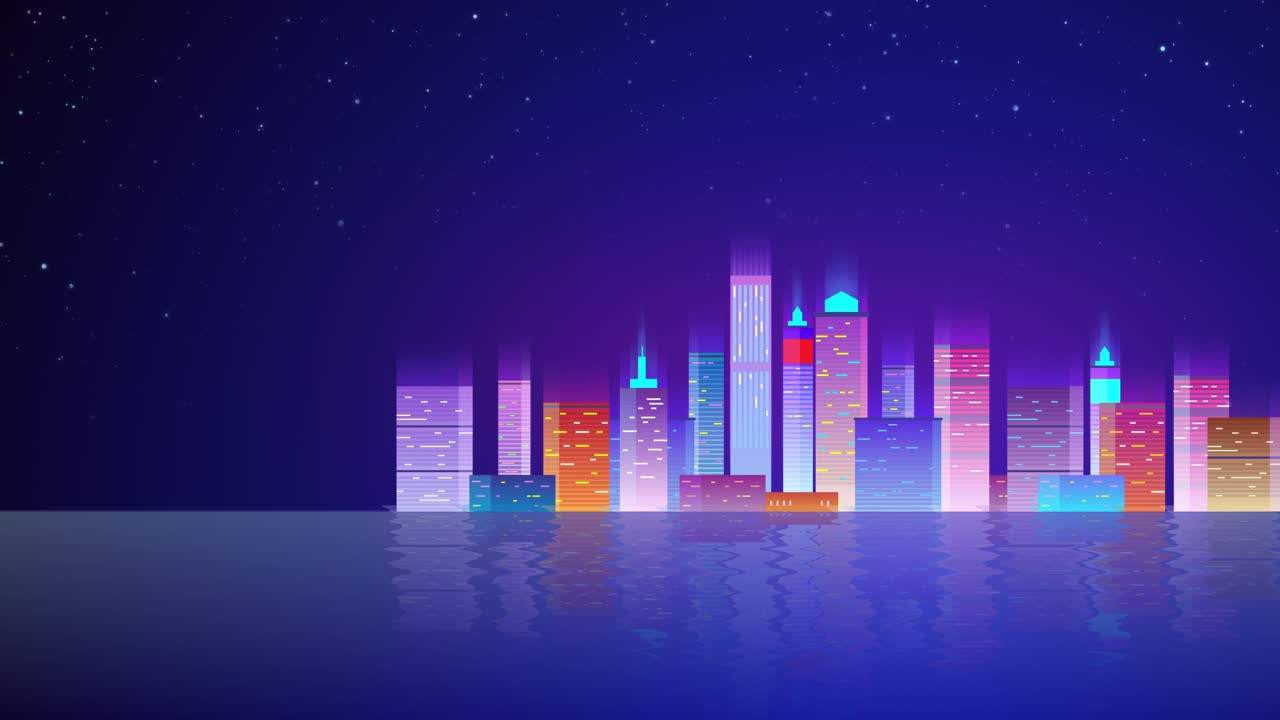 animación de la ciudad de neón. estrellas brillantes, luces de neón y colores brillantes de fondo. papel tapiz animado en vivo en bucle. ciudad nocturna futurista, paisaje urbano, rascacielos, reflejo en la superficie del agua