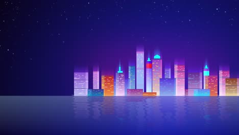 animation of neon city. glowing stars, neon lights and bright colors background. looped animated live wallpaper. futuristic night city, cityscape, skyscrapers, reflection on water surface
