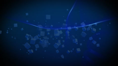 Animation-of-glowing-blue-lines-with-tumbling-blue-cubes,-on-dark-blue-background