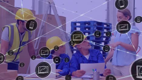 Animation-of-network-of-profiles-over-diverse-supervisors-and-workers-discussing-at-warehouse