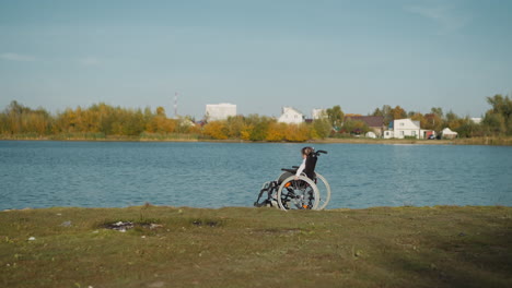 Preschooler-girl-sits-in-wheelchair-near-river-on-sunny-day